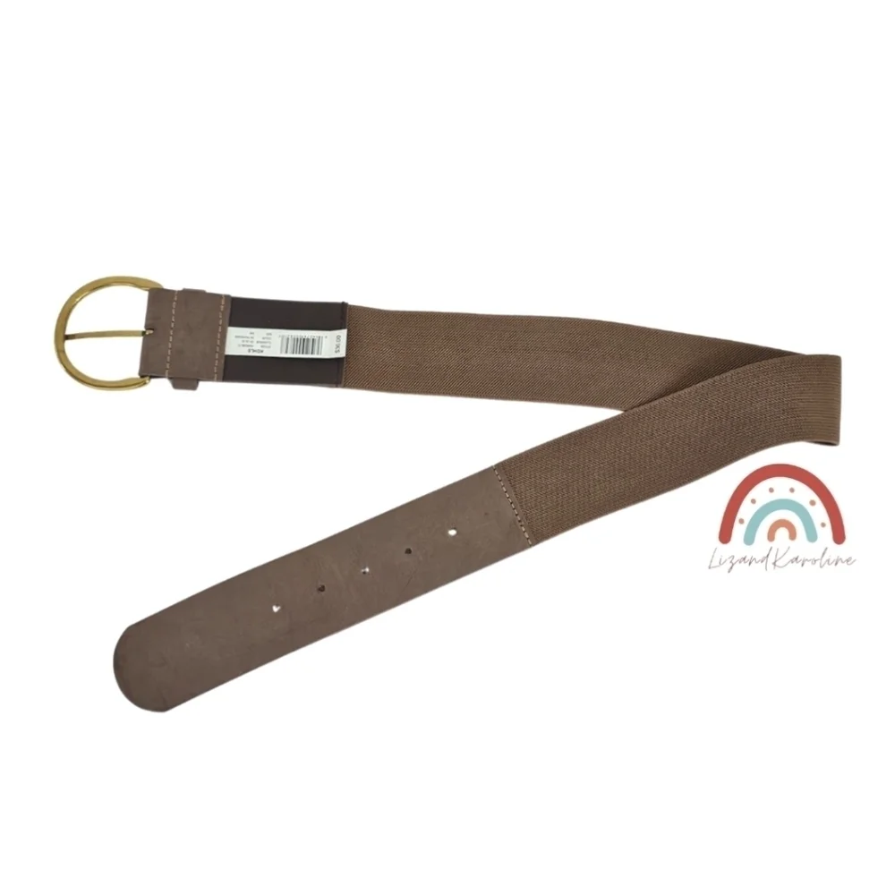 New! Faux Leather Wide Brass Buckle Stretchy Dark Taupe Belt S/M